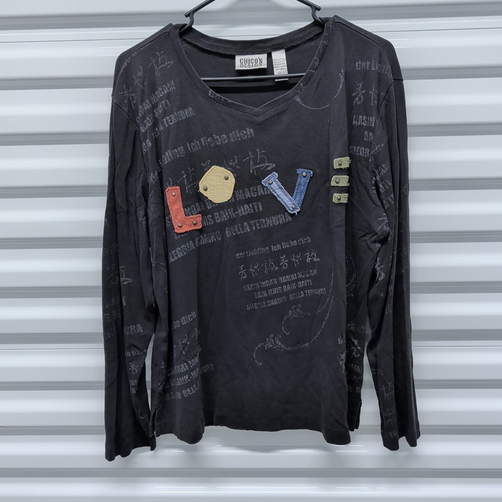 Chico's Design Top Size 3 XL Womens Black Love Patch Script Long Sleeve V-Neck — photo 2